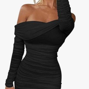 Ruched Off the Shoulder Midi Dress — Black